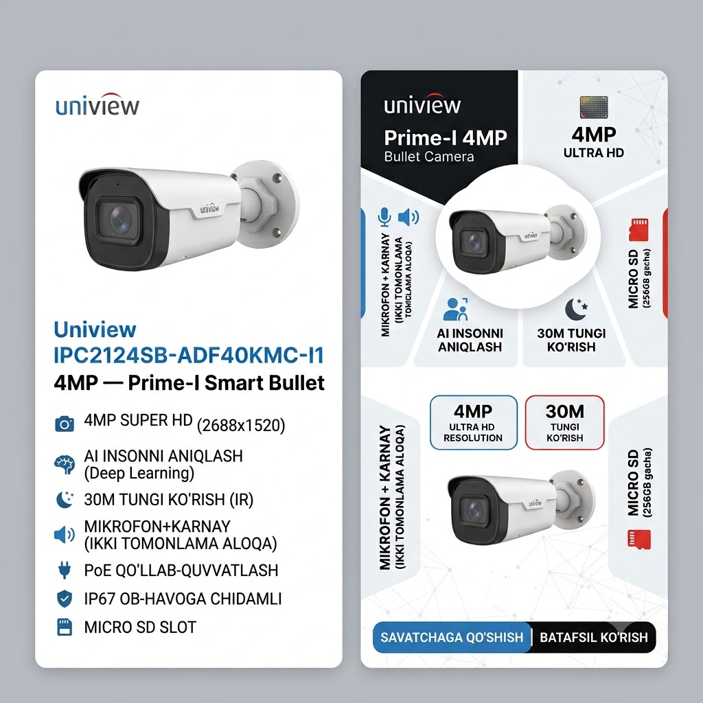 Uniview IPC2124SB-ADF40KMC-I1 — 4MP motorlashtirilgan bullet (Prime-I)