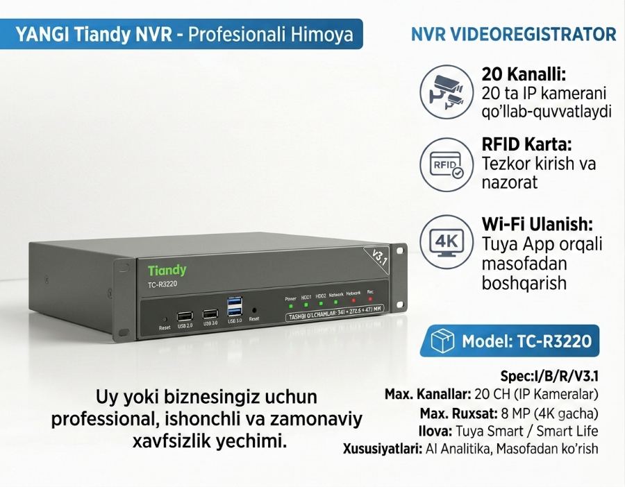 Tiandy TC-R3220 Spec:I/B/K/V3.1 — NVR videoregistrator