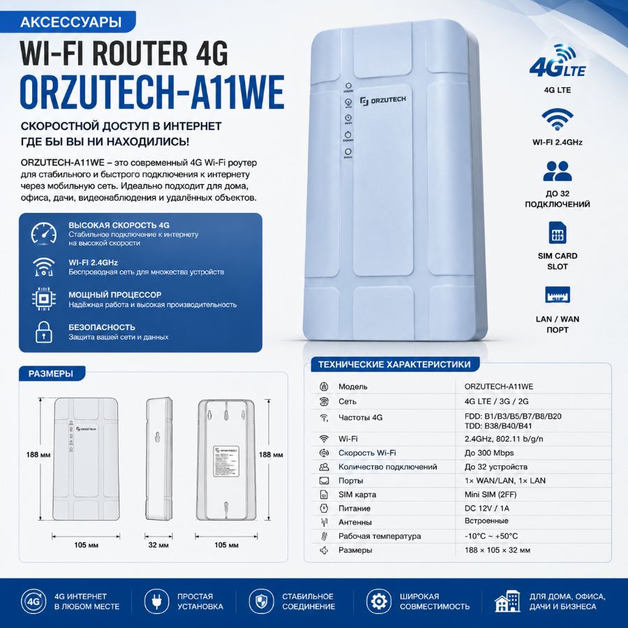 Аксессуары WI-FI router 4G ORZUTECH-A11WE — Uskuna